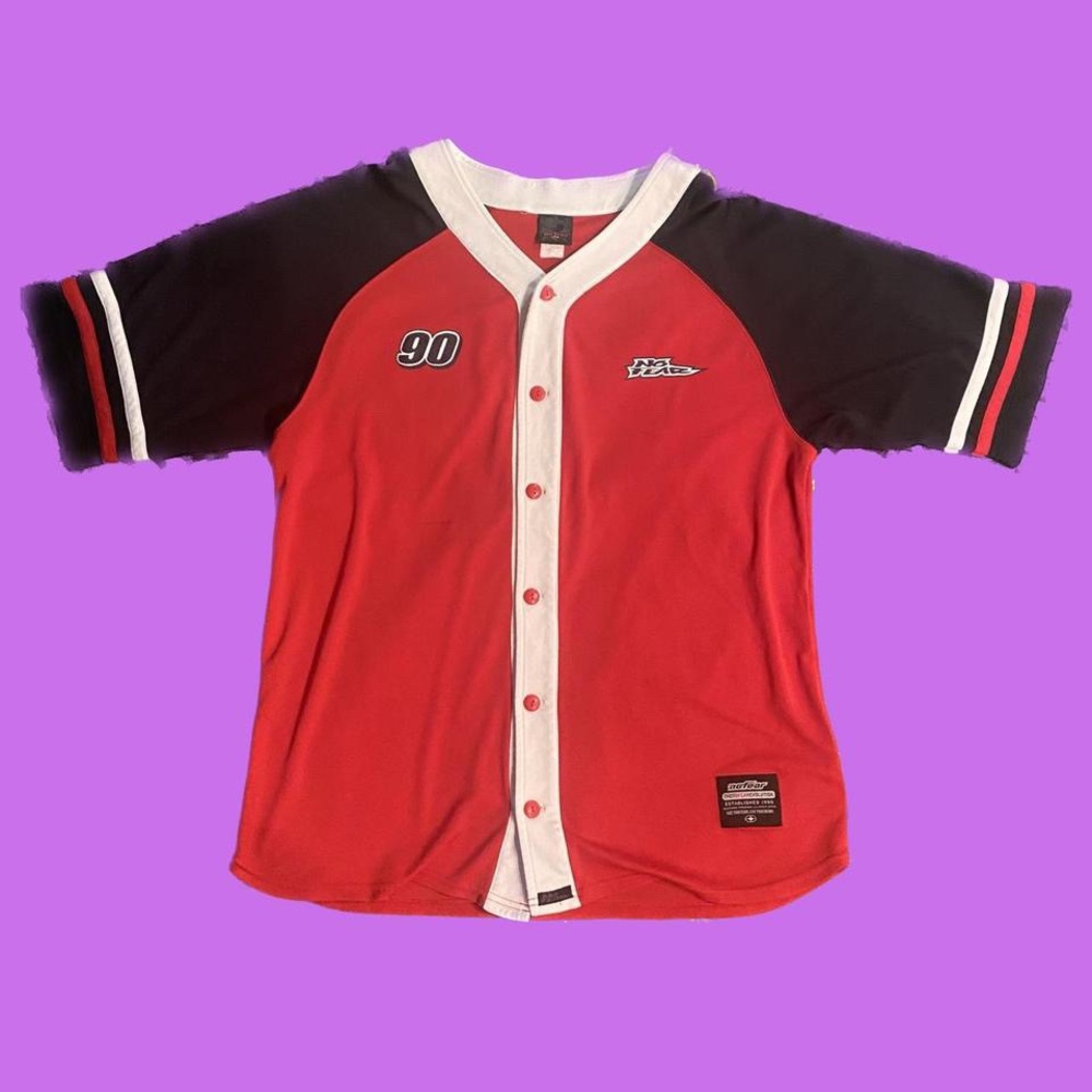 Vintage 1990’s NO FEAR Jersey Mens Large Red Short Sleeve Button Varsity